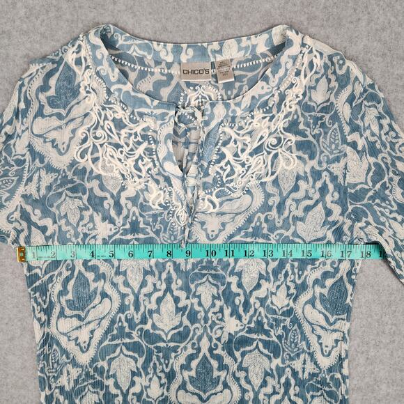Chico's Blouse Womens Size 1 US M/8 Blue White Silk Embroidery Trim Sheer - Picture 9 of 11